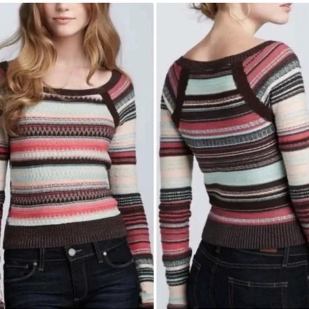 Free People Pink and Brown Crew Neck Sweater